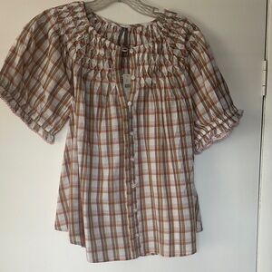 Anthropologie Womens Plaid Button-Front Peasant Top - Brown & White